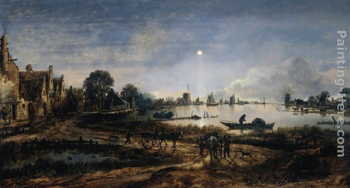 River View by Moonlight painting - Aert van der Neer River View by Moonlight art painting